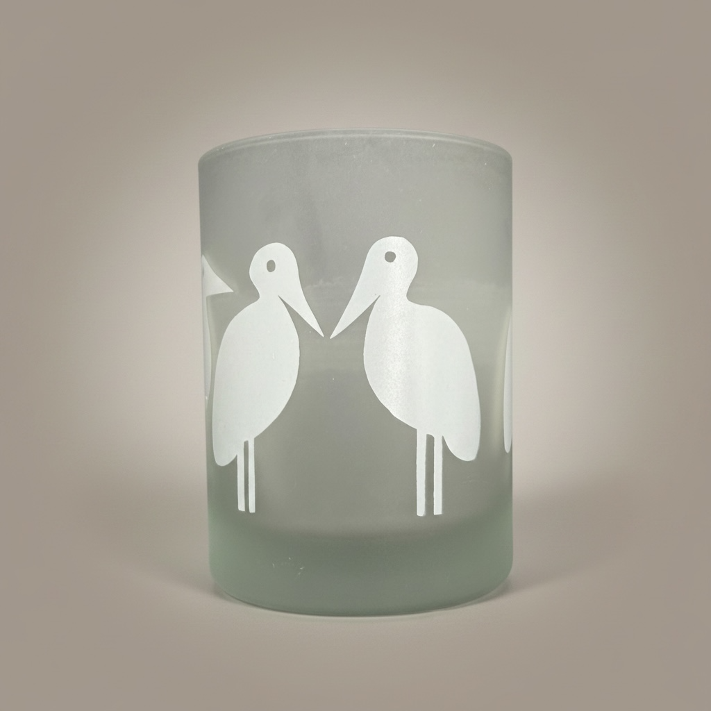 Close-up of the iconic white bird design etched onto a frosted Georges Briard cocktail glass.