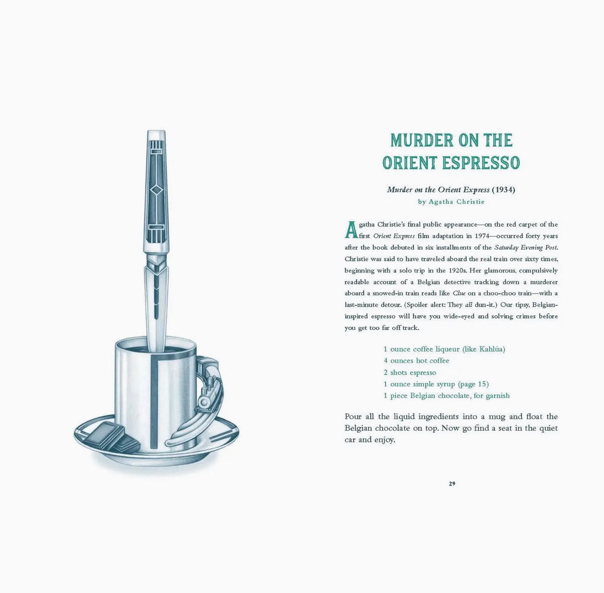 Murder on the Orient Espresso cocktail recipe inspired by Agatha Christie's classic mystery, with a vintage-style illustration of an espresso cup and fountain pen.