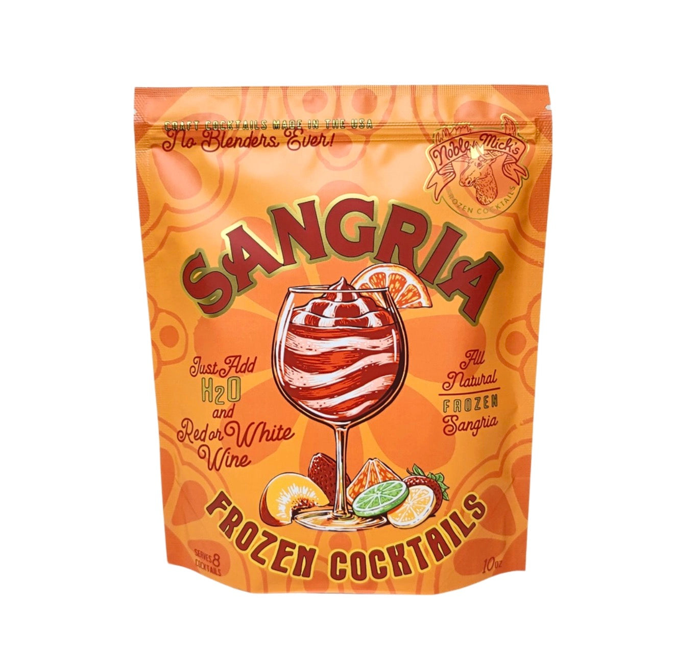 Noble Mick’s Frozen Sangria Cocktail Mix 10 oz pouch made with all-natural ingredients and makes approximately 8 servings.