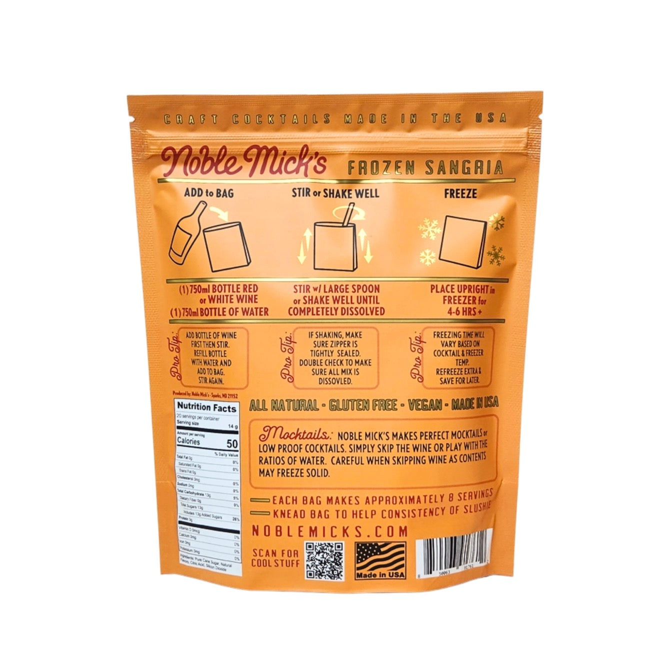 Back of Noble Mick’s Frozen Sangria Cocktail Mix pouch showing preparation instructions, nutrition information and approximately 8 servings per bag.
