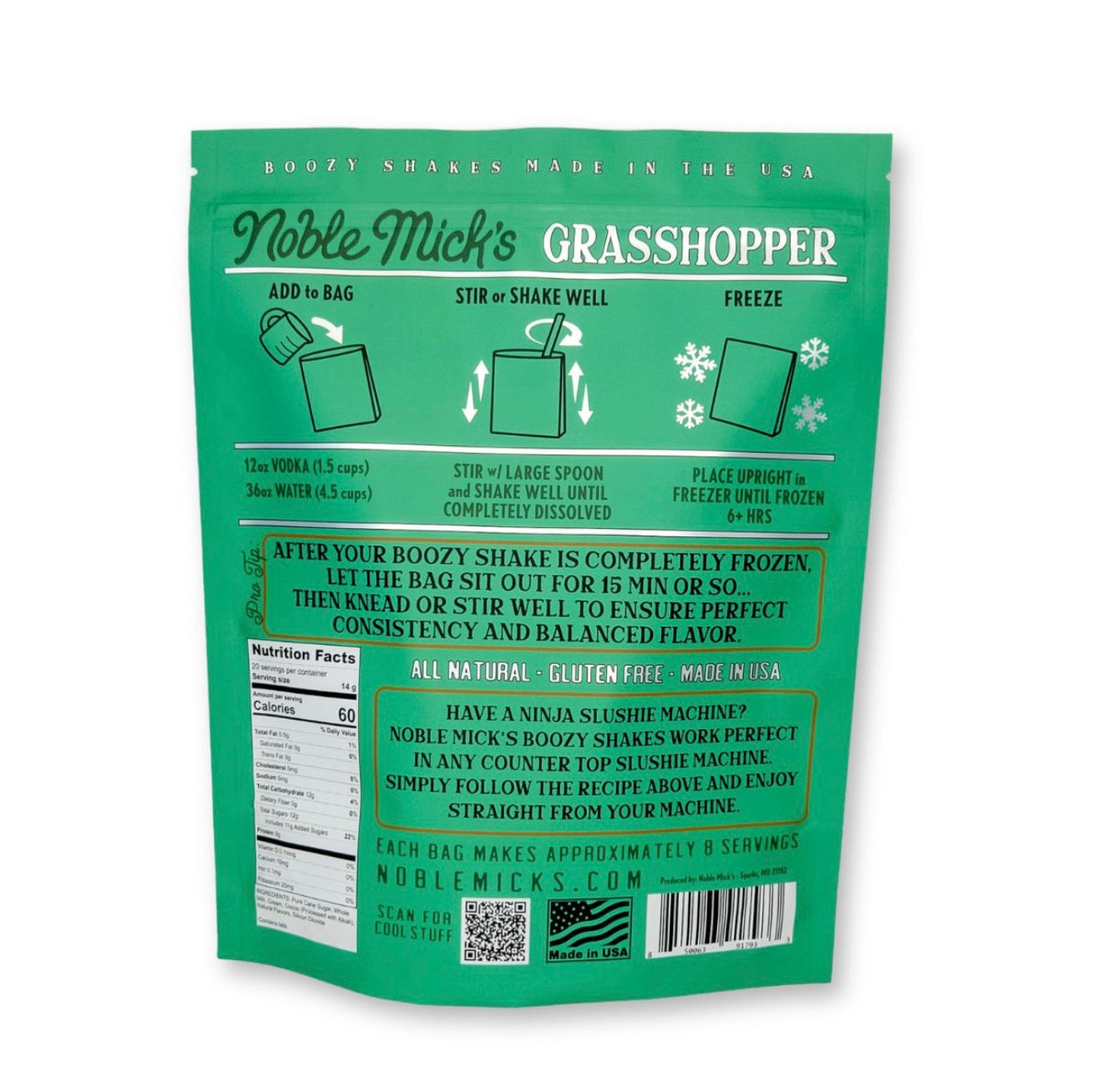 Back of Noble Mick’s Grasshopper Boozy Shake Mix pouch with vodka and water preparation instructions, nutrition facts and freezing directions.