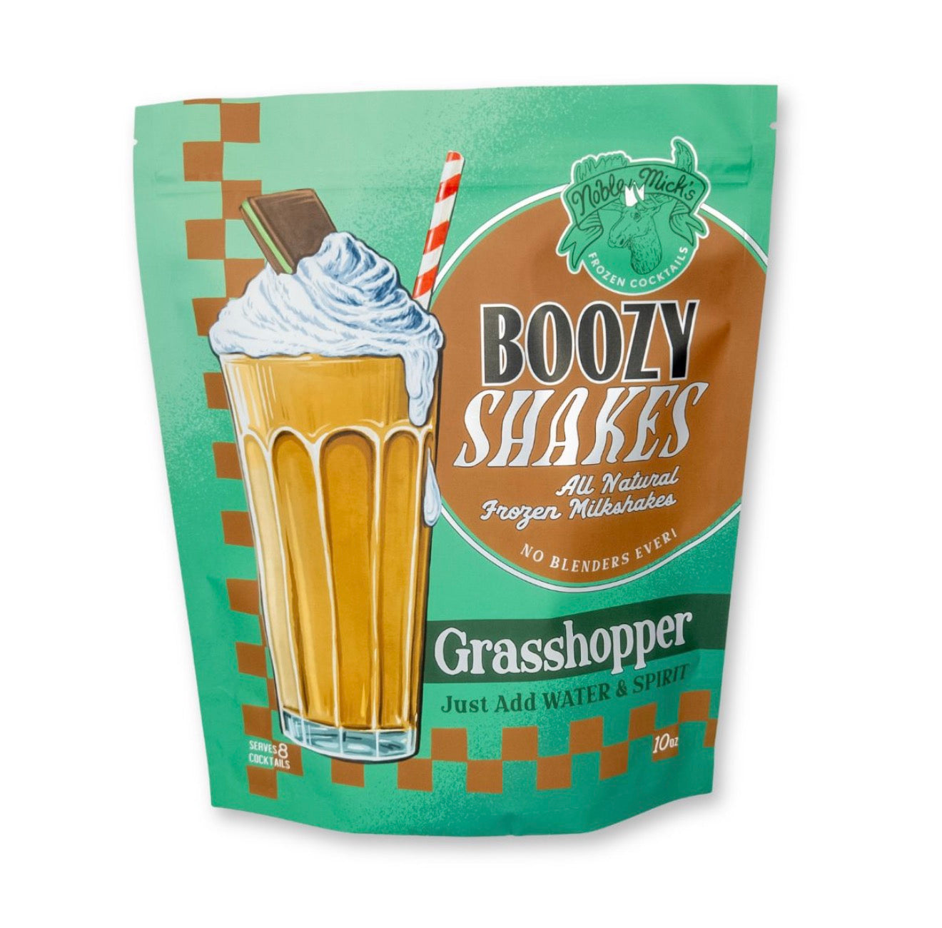 Noble Mick’s Grasshopper Boozy Shakes 10 oz frozen milkshake cocktail mix that makes approximately 8 servings with vodka and water.