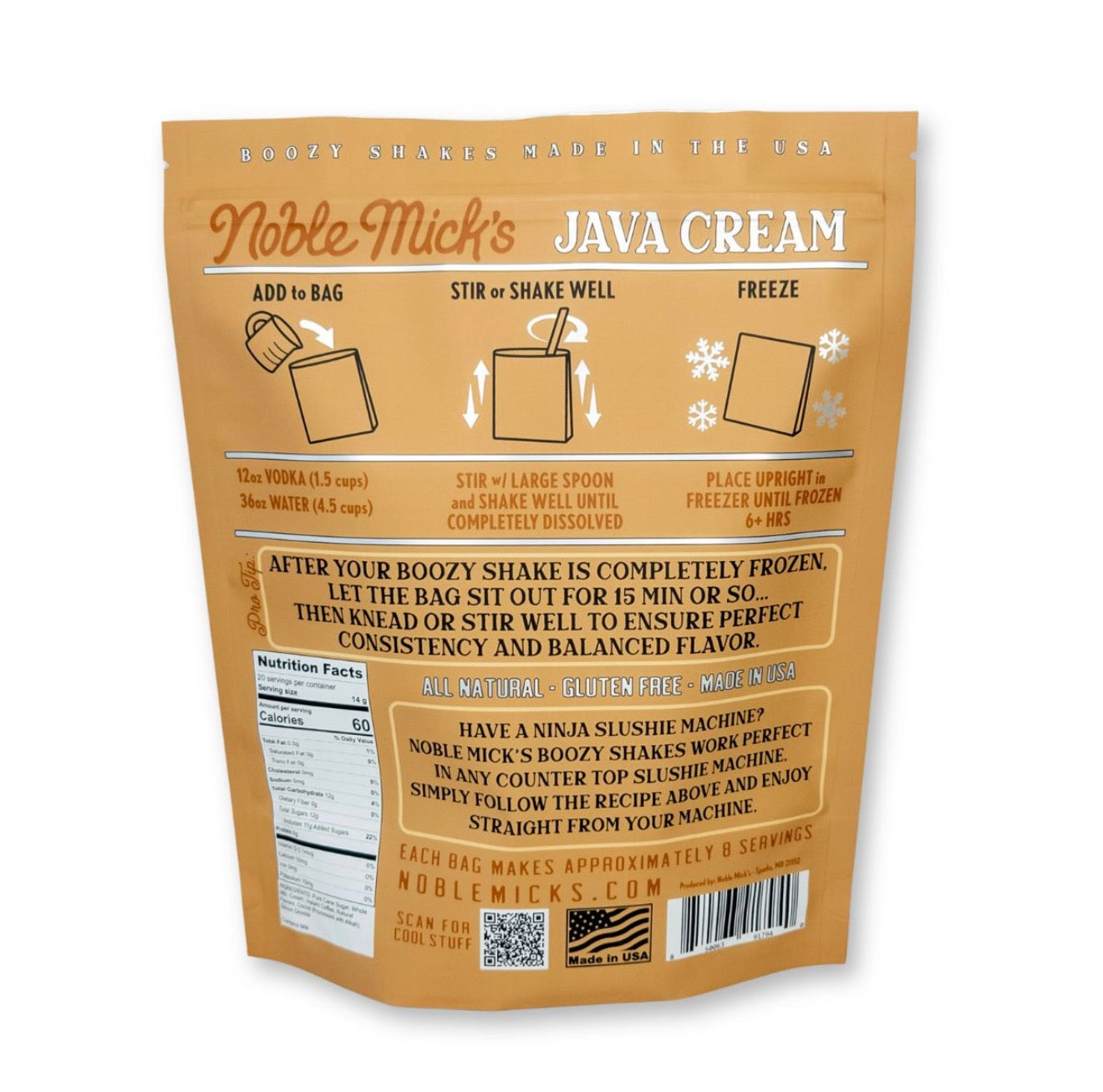 Back of Noble Mick’s Java Cream Boozy Shake Mix pouch showing vodka and water preparation instructions, nutrition information and freezing directions.