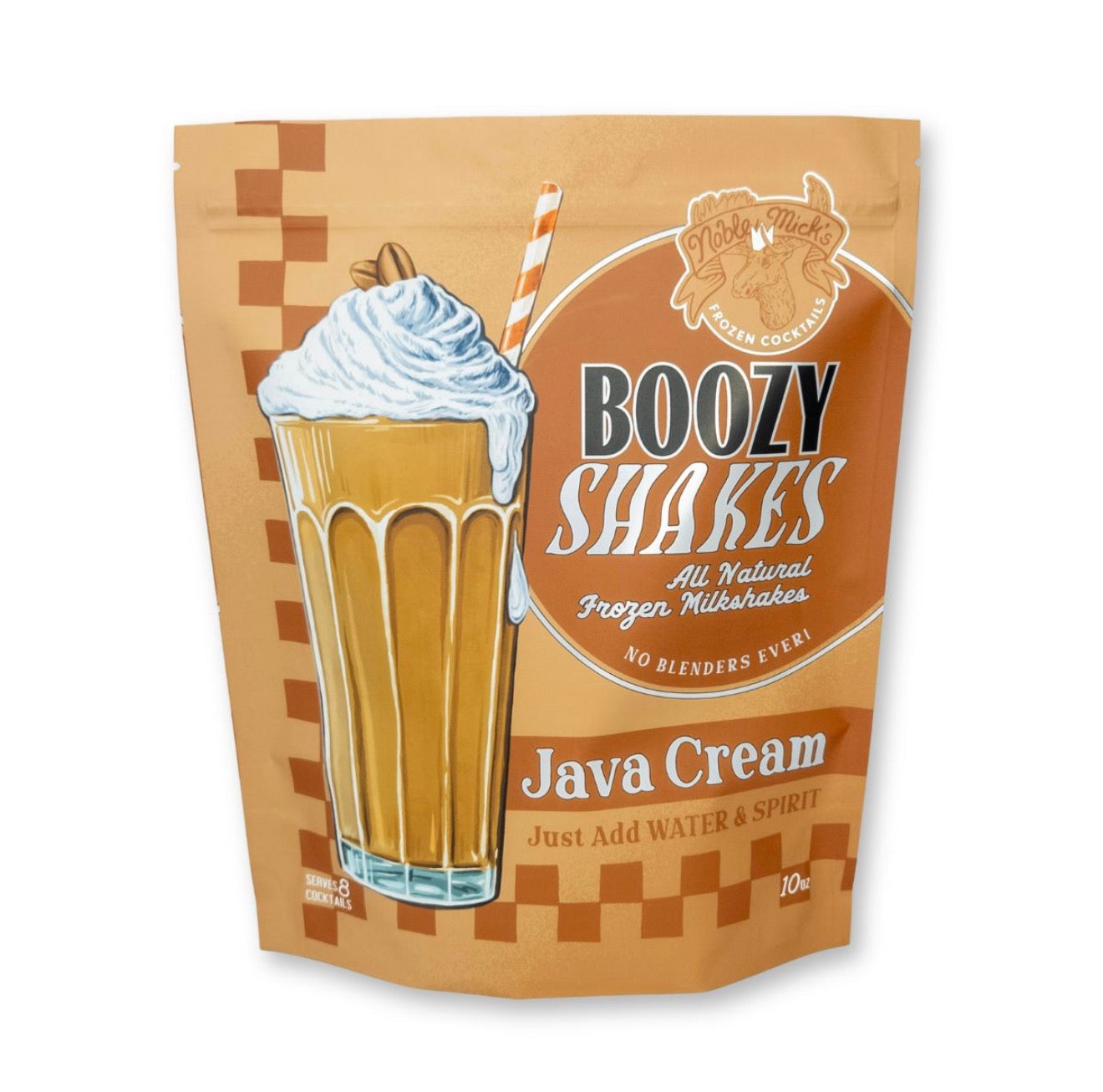 Noble Mick’s Java Cream Boozy Shakes 10 oz frozen coffee cocktail mix that makes approximately 8 servings with vodka and water.