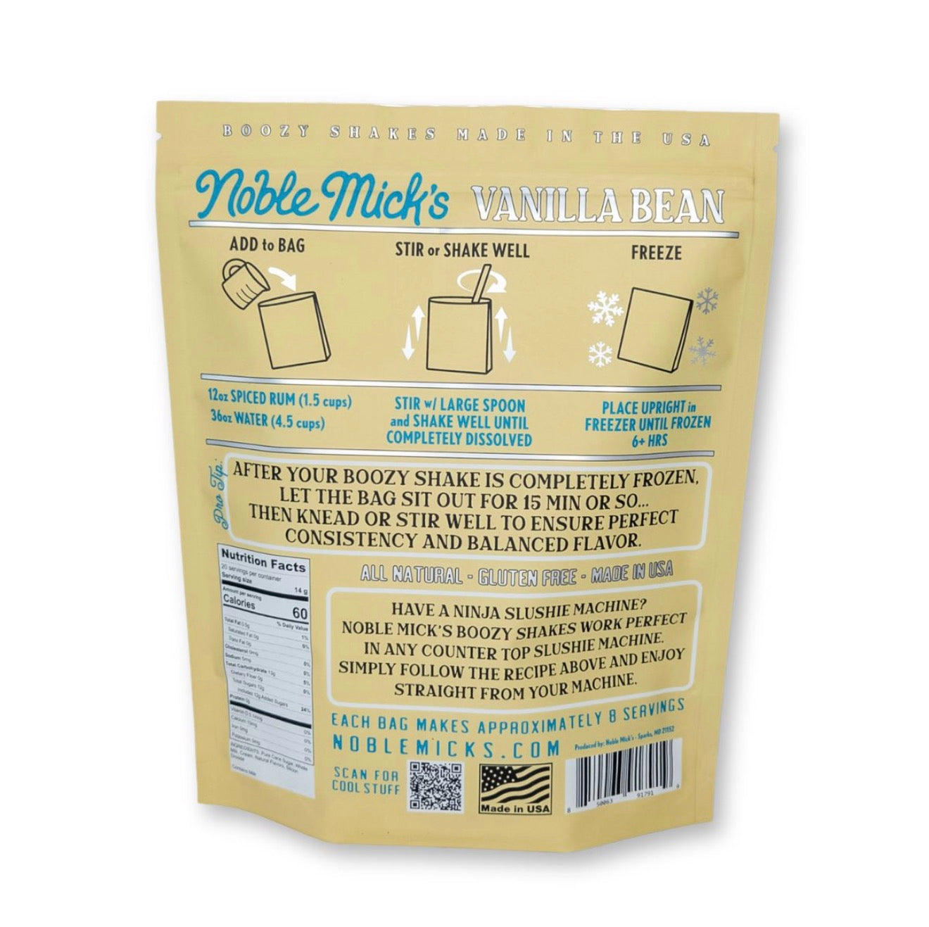 Back of Noble Mick’s Vanilla Bean Boozy Shake Mix showing spiced rum and water preparation instructions, nutrition information and freezing directions.