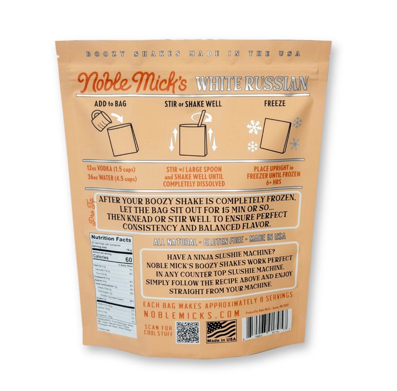 Back of Noble Mick’s White Russian Boozy Shake Mix pouch showing vodka and water preparation, freezing directions and product information.