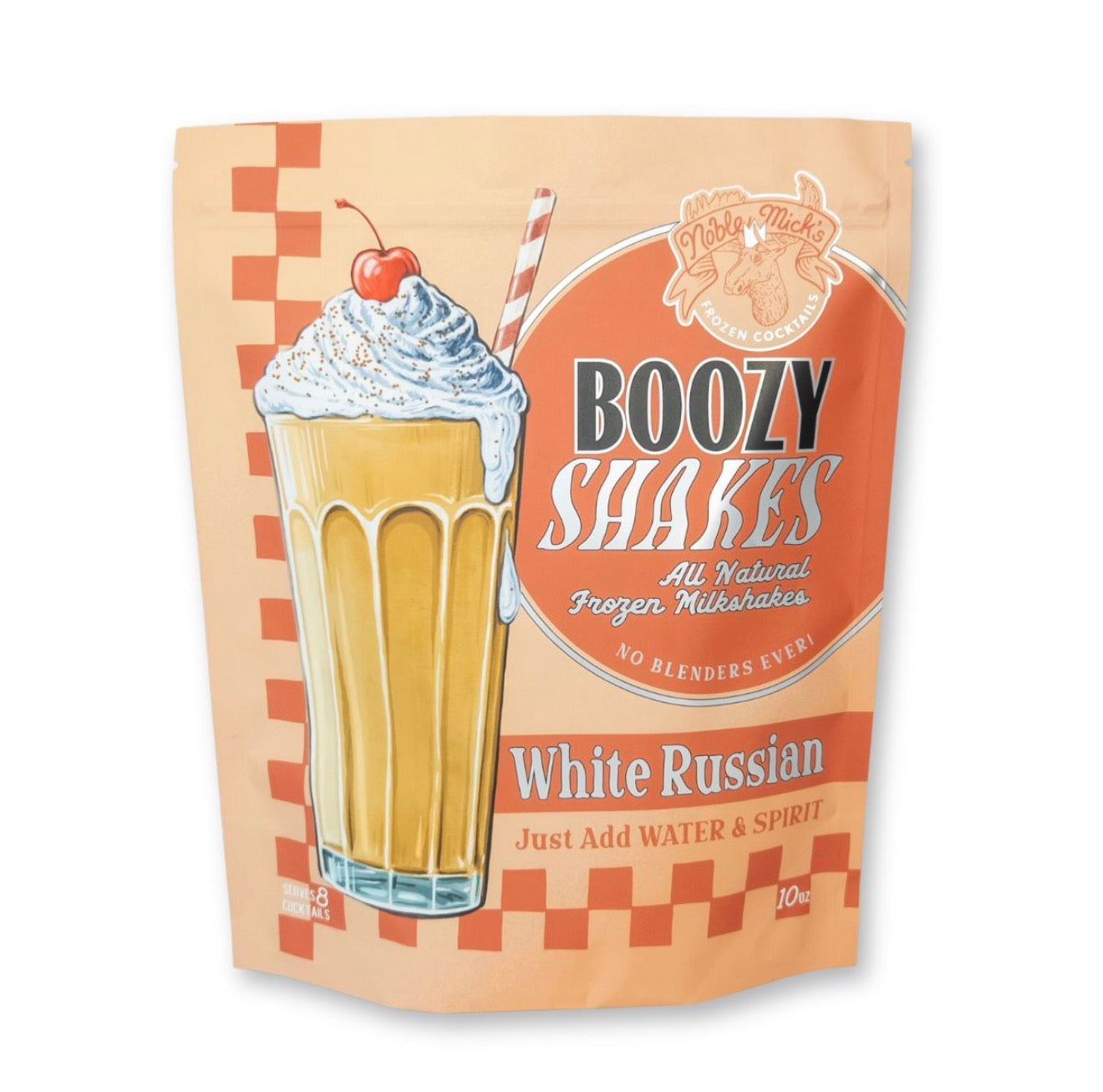 Noble Mick’s White Russian Boozy Shakes 10 oz frozen cocktail mix that makes approximately 8 servings with vodka and water.
