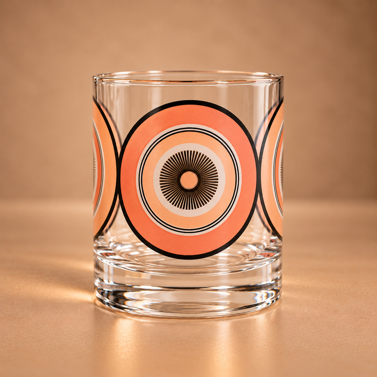 Clear 10 oz whiskey rocks glass with oversized pink and peach concentric circles, black detailing and gold starburst center