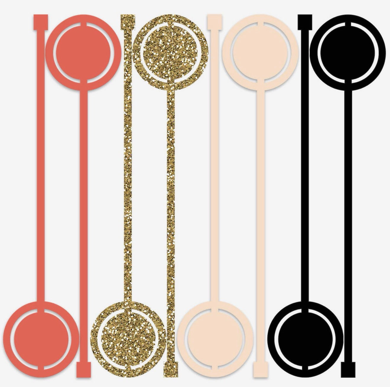 Set of eight reusable acrylic swizzle sticks featuring Mid Century Modern round designs in coral, blush, cream, black, and embedded gold glitter.