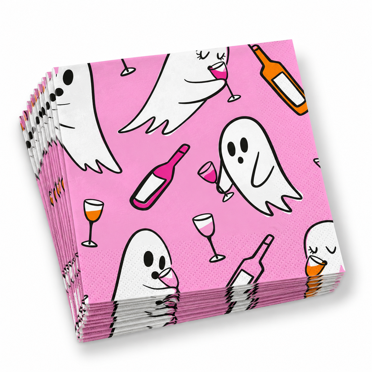 Stack of pink Halloween cocktail napkins featuring playful white ghosts sipping drinks, colorful wine bottles and cocktail glasses.