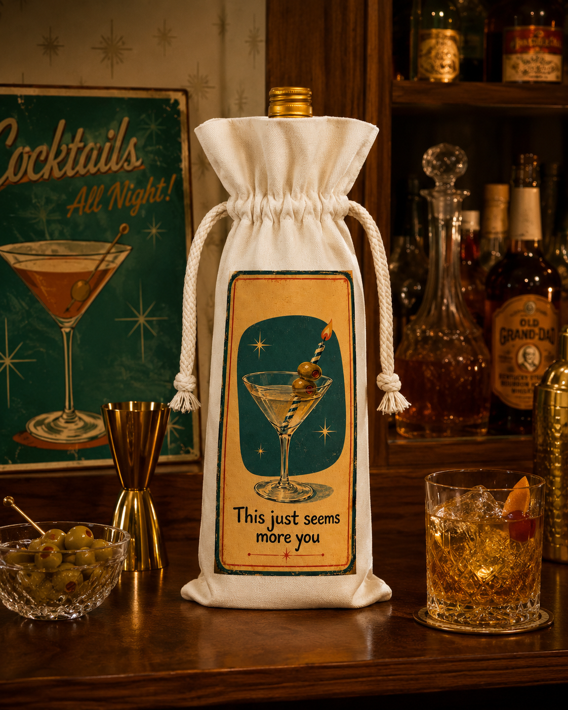 Reusable retro birthday bottle gift bag displayed on a vintage-style home bar with cocktail glass, olives and barware.