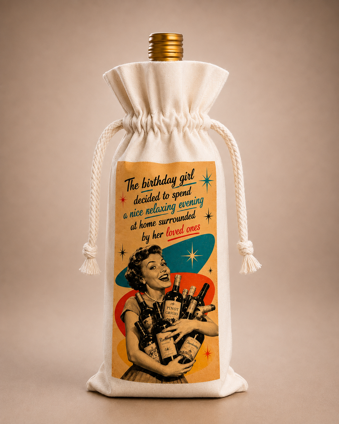 Retro birthday girl canvas wine gift bag displayed with a standard wine bottle and drawstring closure.