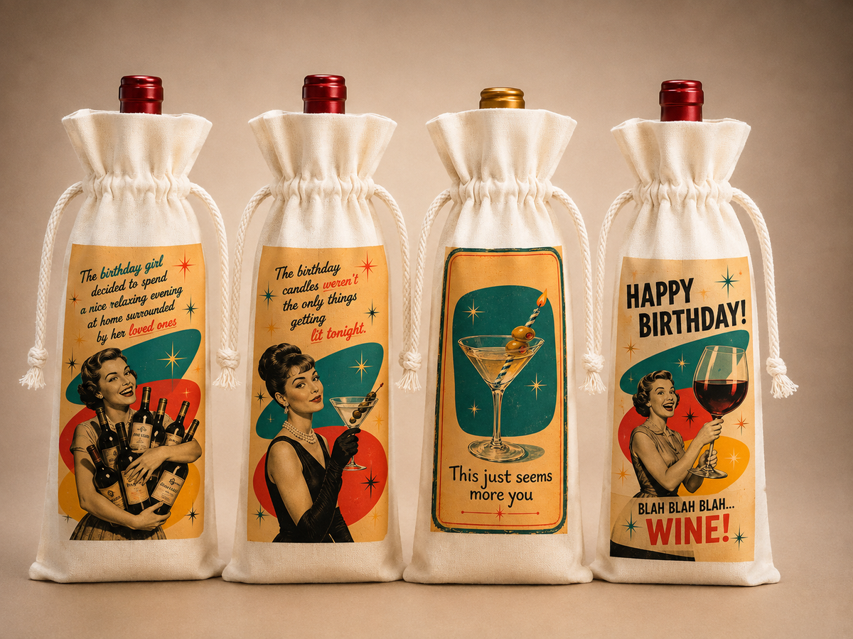 Collection of reusable retro wine bottle gift bags featuring humorous birthday and cocktail designs.