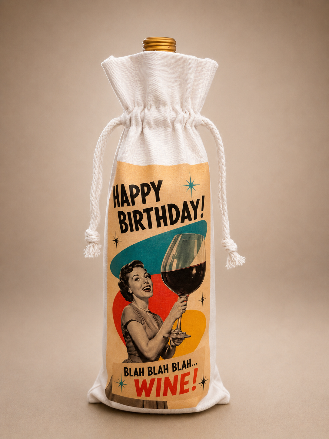 Retro birthday canvas wine bag displayed with a wine bottle inside and drawstring closure gathered around the bottle neck.