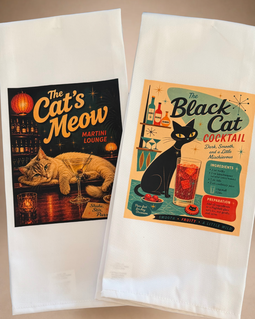 Two retro cat cocktail tea towels featuring Black Cat Cocktail and Cat’s Meow Martini Lounge designs.