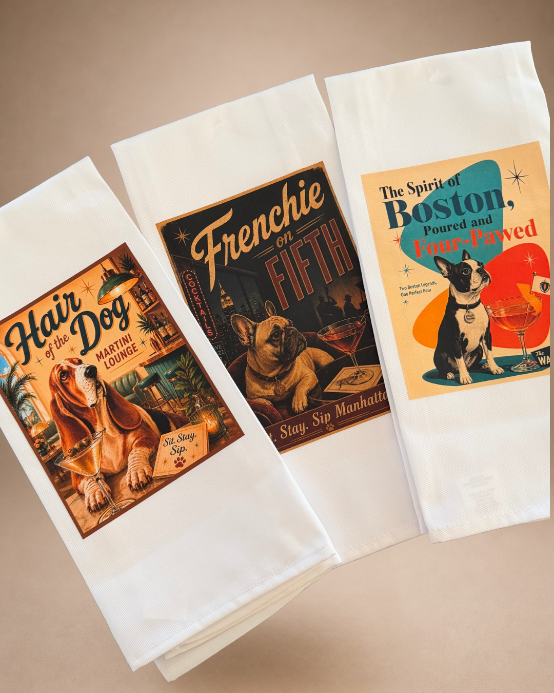 Collection of retro cocktail tea towels featuring Boston Terrier, French Bulldog and Basset Hound designs.