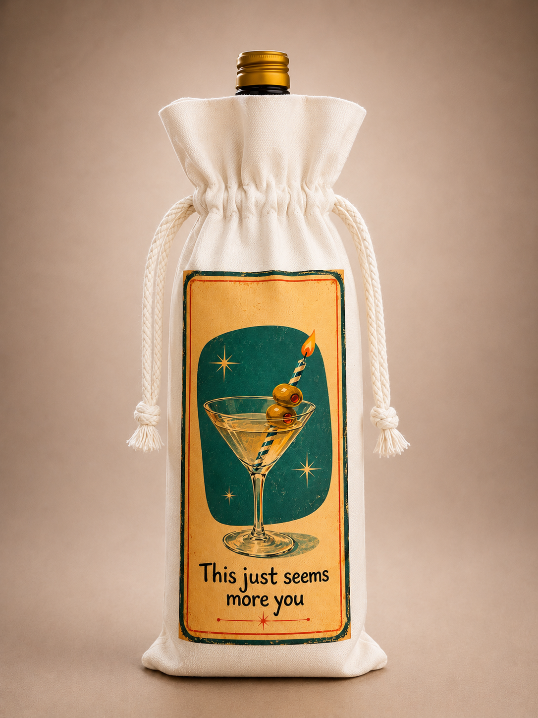 Retro martini birthday gift bag displayed around a standard bottle with reusable drawstring closure.