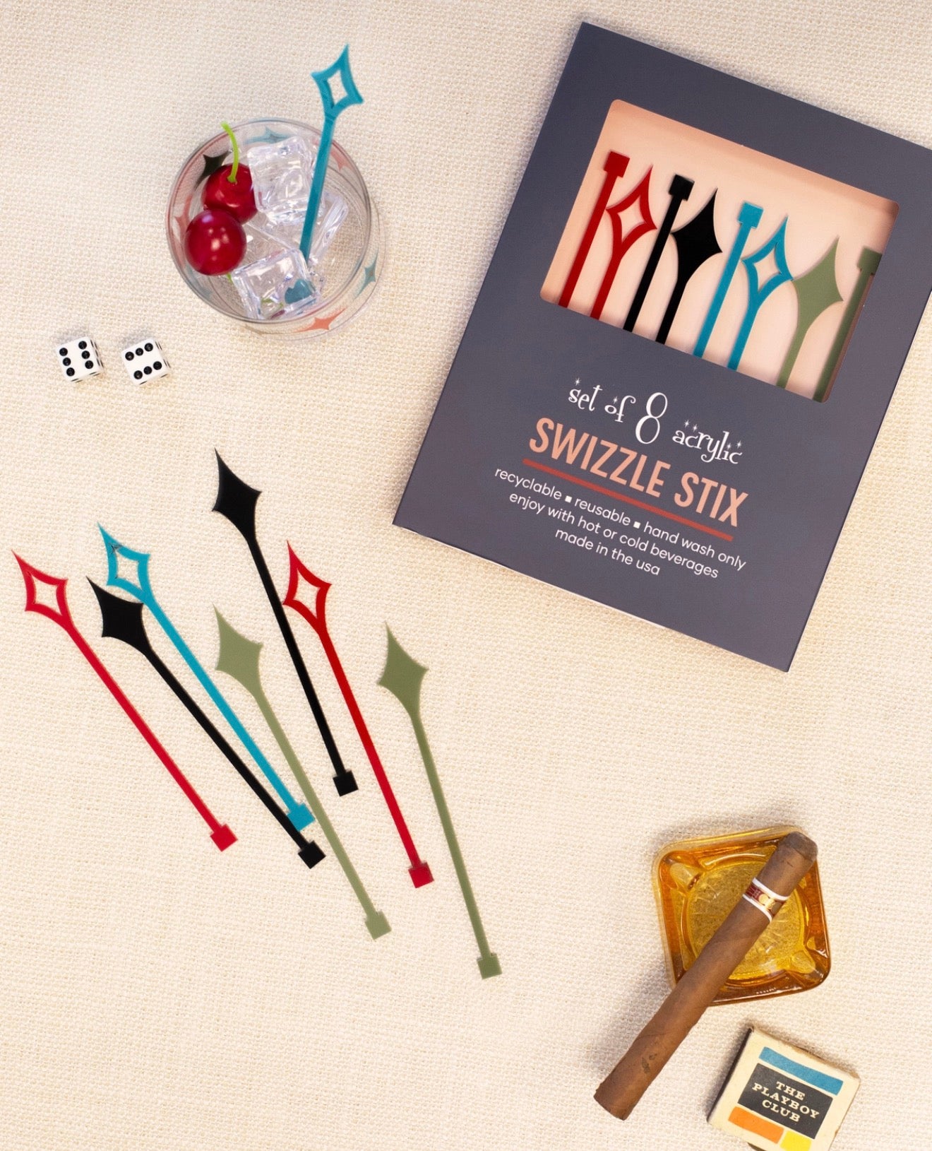 Reusable diamond-shaped acrylic drink stirrers for cocktails, mocktails, and entertaining.