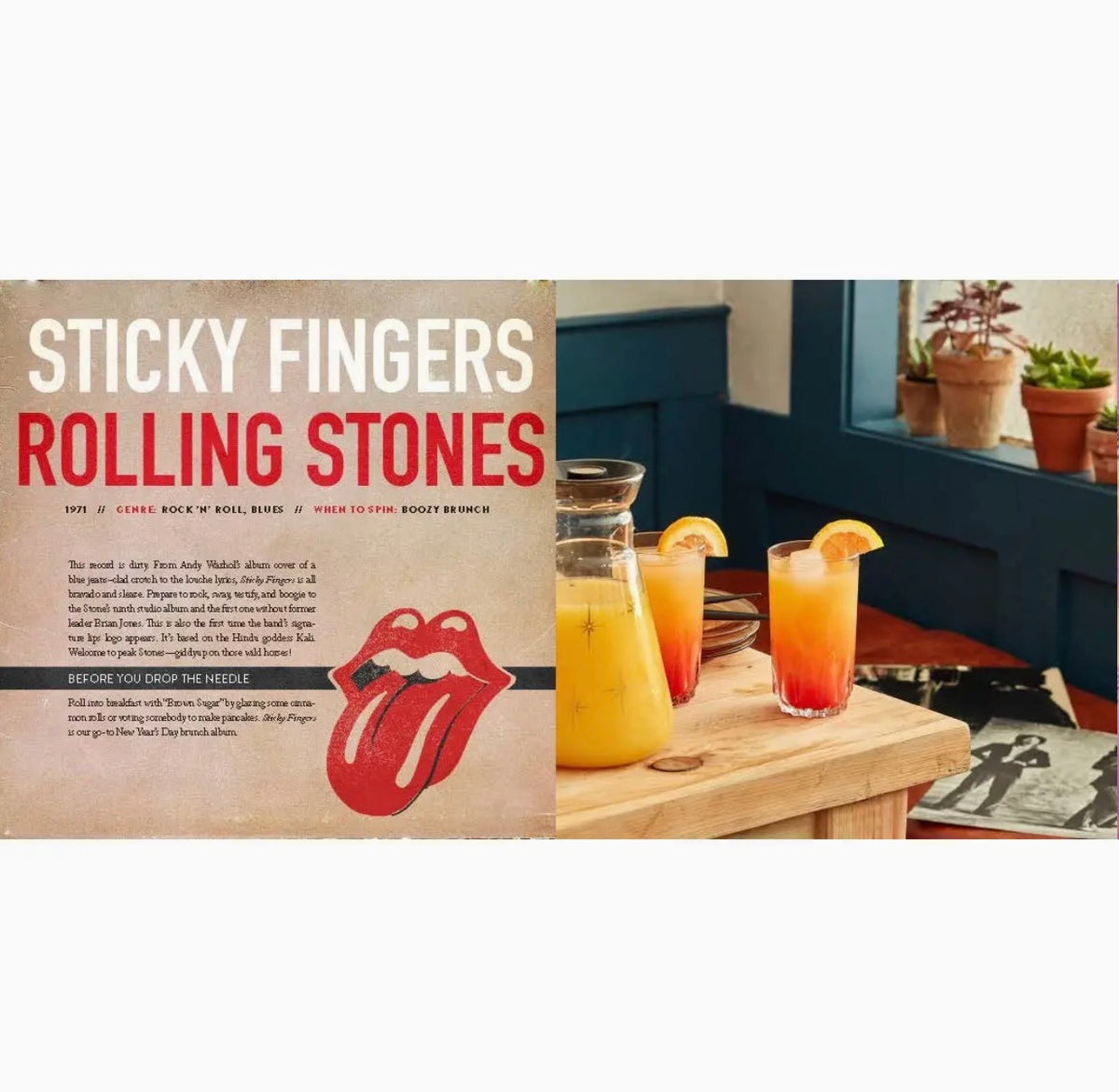 Interior pages of Booze & Vinyl featuring the Rolling Stones Sticky Fingers album with retro artwork and two colorful brunch cocktails garnished with orange slices.
