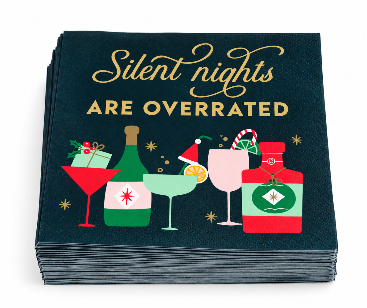 Stack of 20 Silent Nights Are Overrated Christmas beverage napkins featuring colorful retro cocktails and festive holiday artwork.