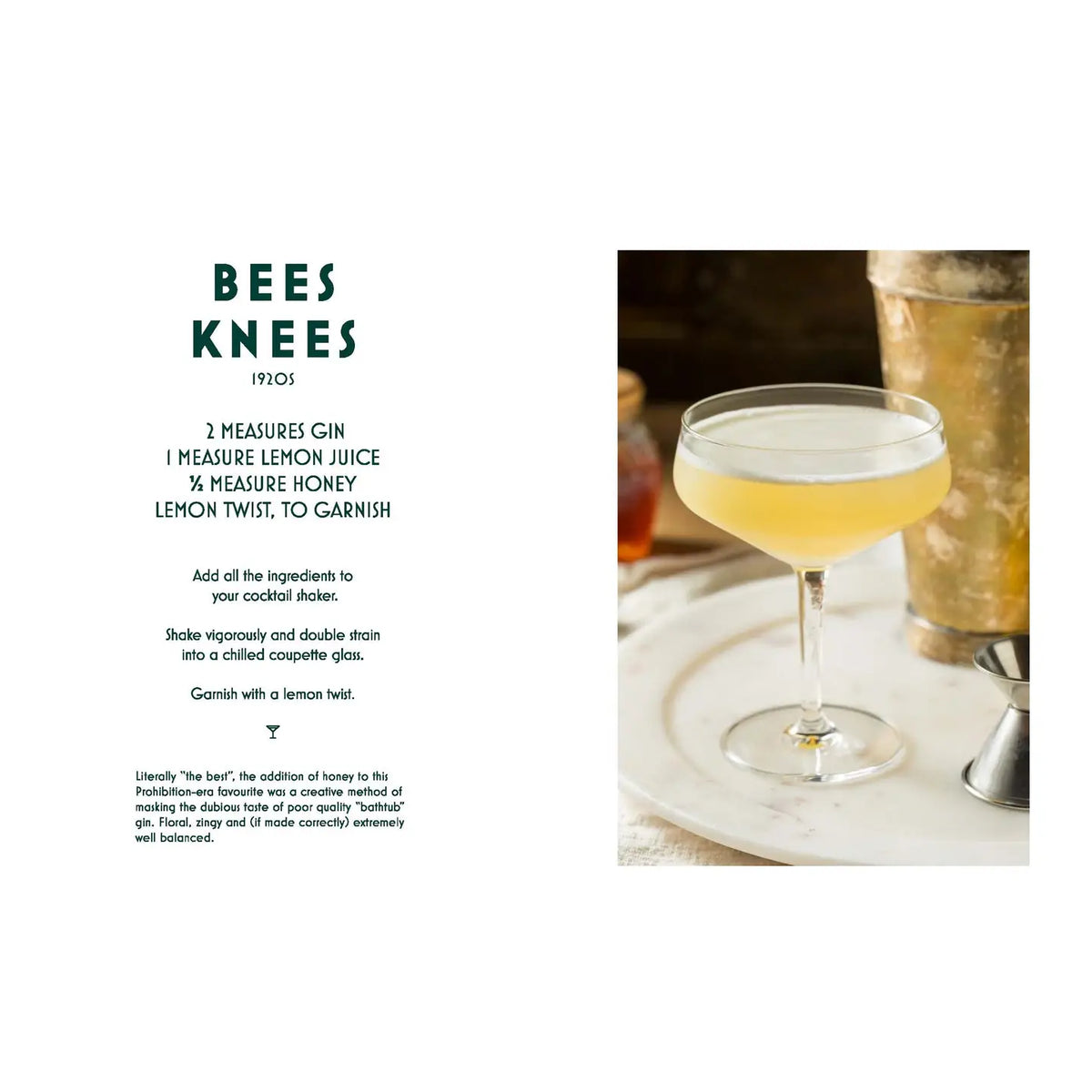 Bee's Knees cocktail recipe from Speakeasy Cocktails featuring a 1920s gin, lemon, and honey cocktail served in an elegant coupe glass.