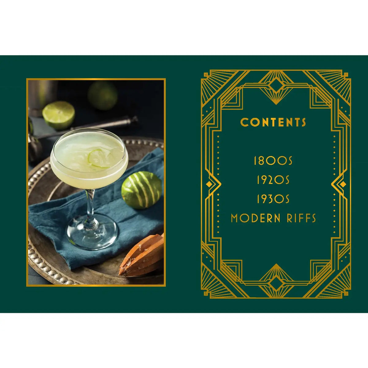 Inside Speakeasy Cocktails showing the contents page with 1800s, 1920s, 1930s, and modern cocktail chapters alongside a classic lime cocktail photograph.