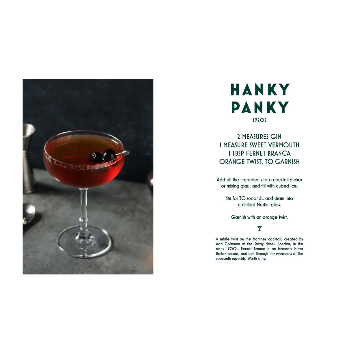 Hanky Panky cocktail recipe from Speakeasy Cocktails featuring gin, sweet vermouth, and Fernet Branca with a photograph of a deep red cocktail in a coupe glass.