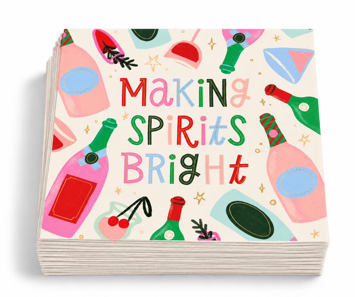 Stack of Making Spirits Bright Christmas cocktail napkins featuring colorful retro-inspired bottles and festive drink illustrations.