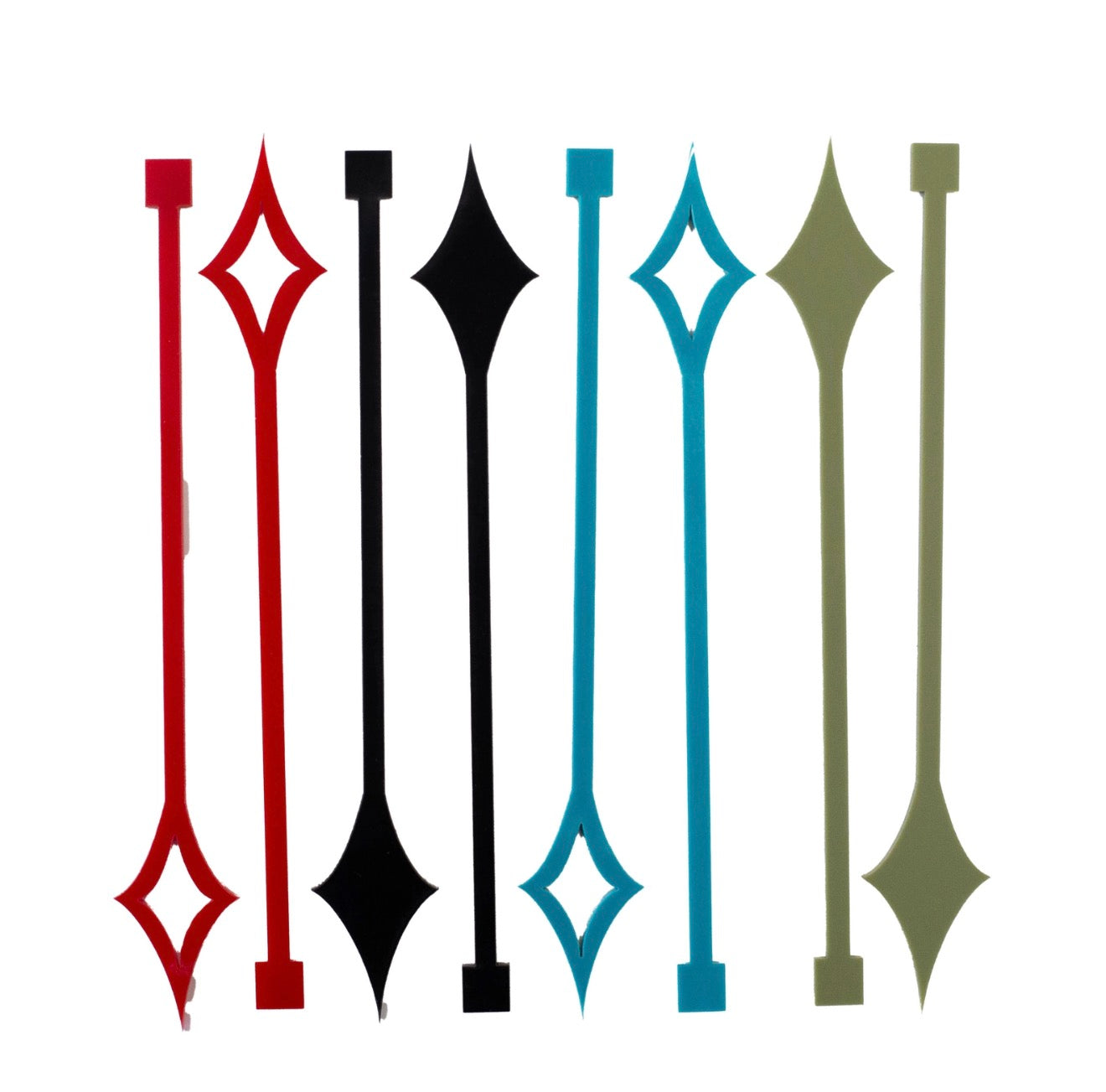 Set of eight Starlight Diamond reusable acrylic swizzle drink stirrers with retro geometric styling.