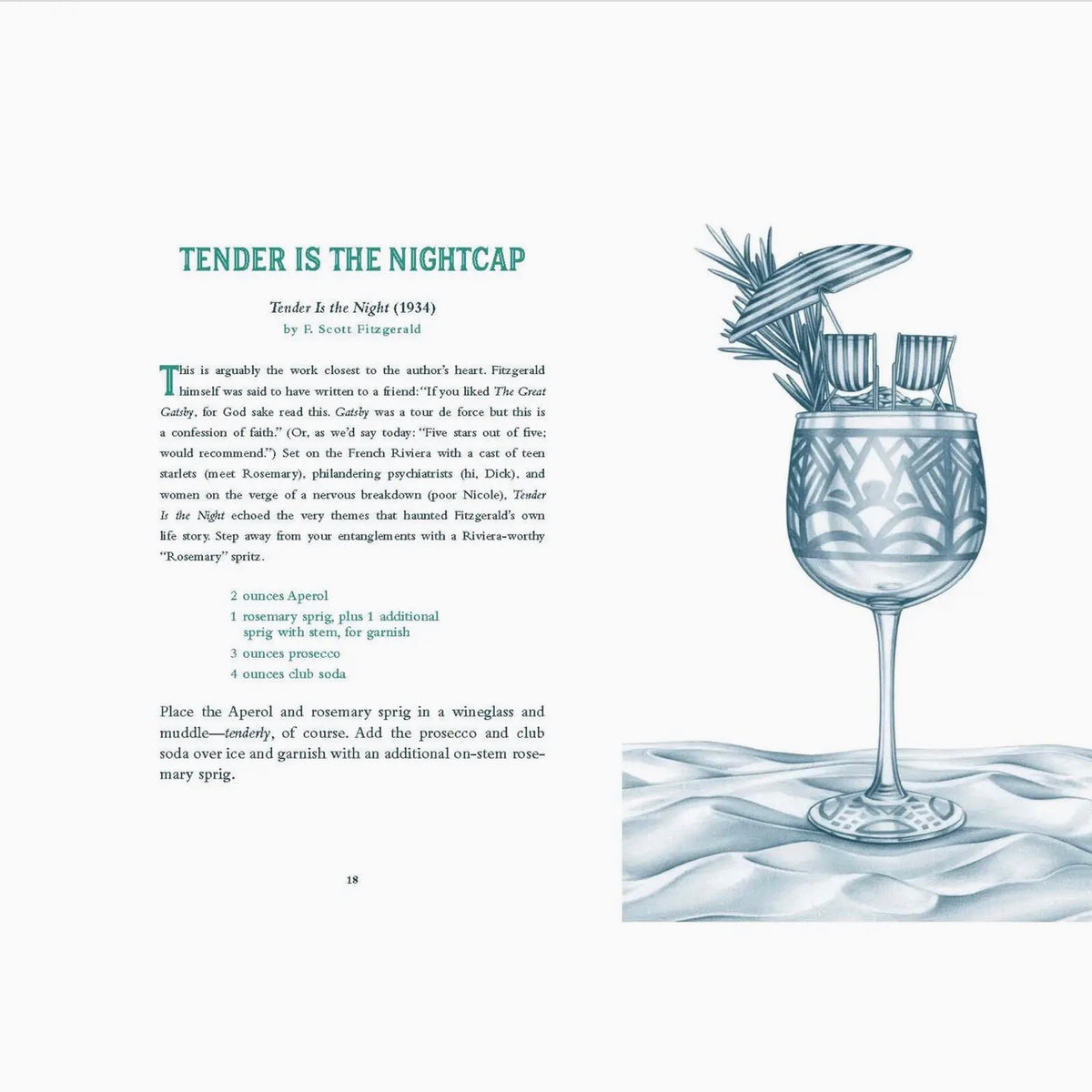 Interior page of Tim Federle's cocktail book featuring the Tender Is the Nightcap Aperol and prosecco cocktail recipe alongside an illustrated wineglass.