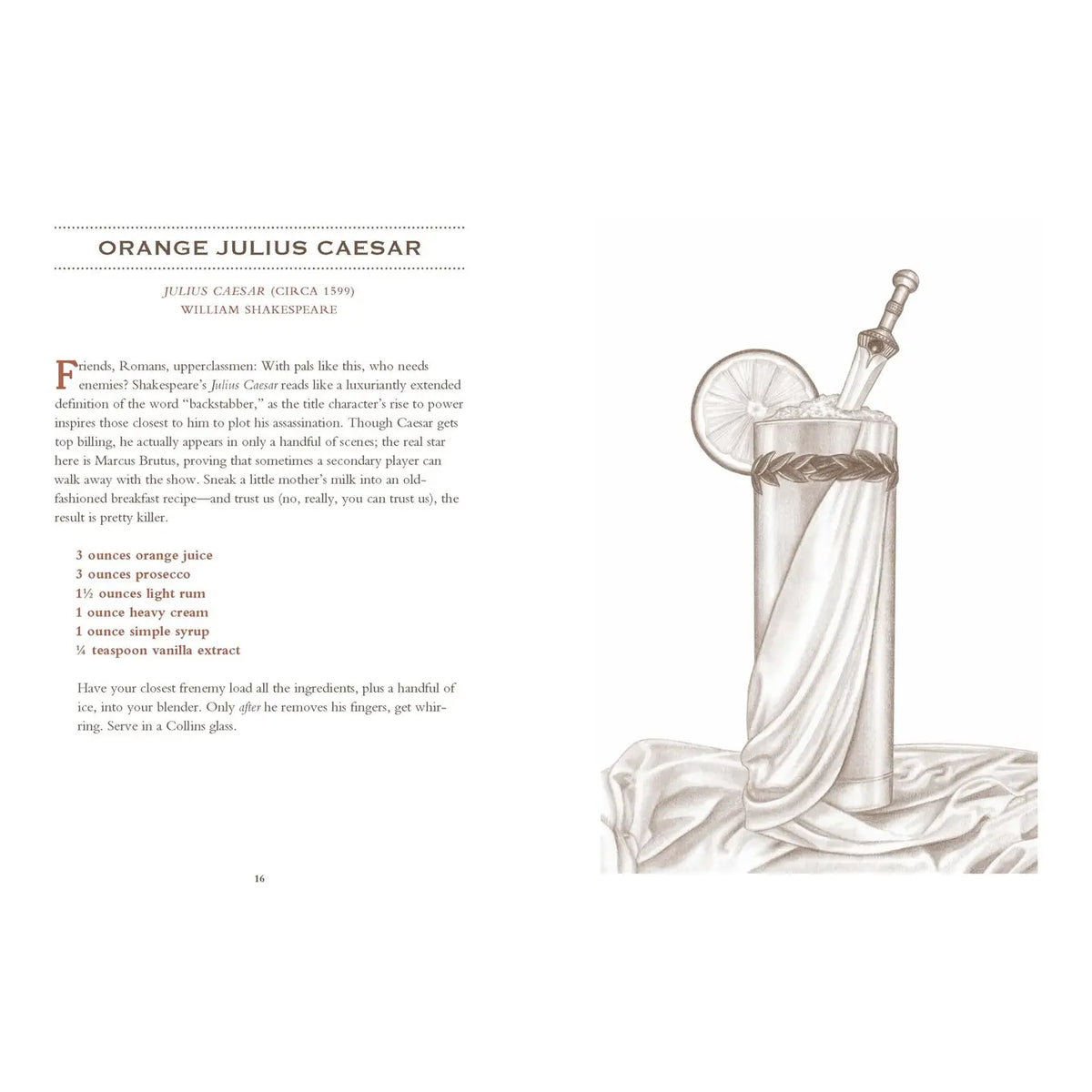 Inside Tequila Mockingbird showing the Orange Julius Caesar cocktail recipe inspired by Shakespeare, with a vintage-style illustration of a Roman-themed cocktail.
