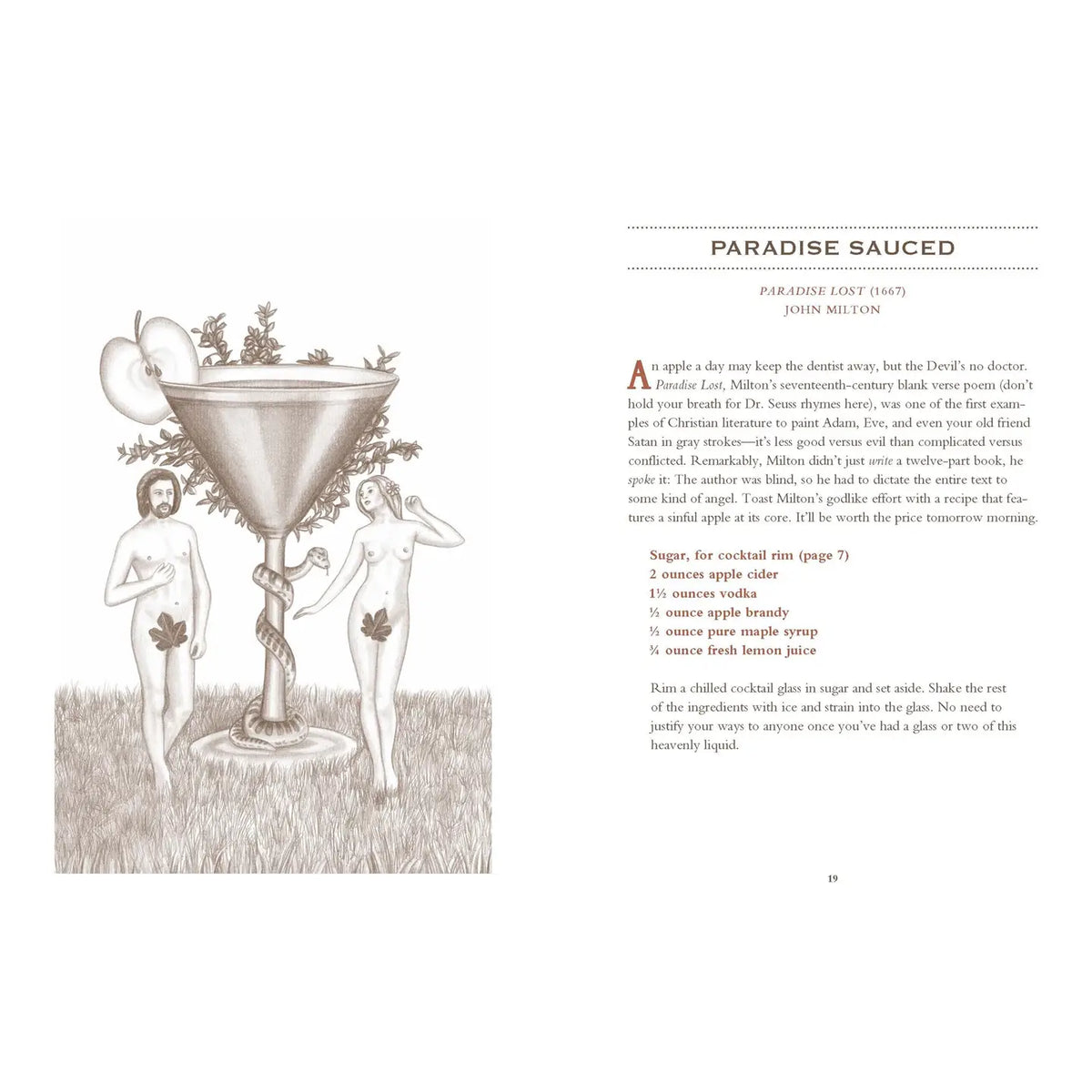 Paradise Sauced cocktail recipe inspired by John Milton’s Paradise Lost, featuring an illustrated martini glass surrounded by Adam, Eve, and a serpent.