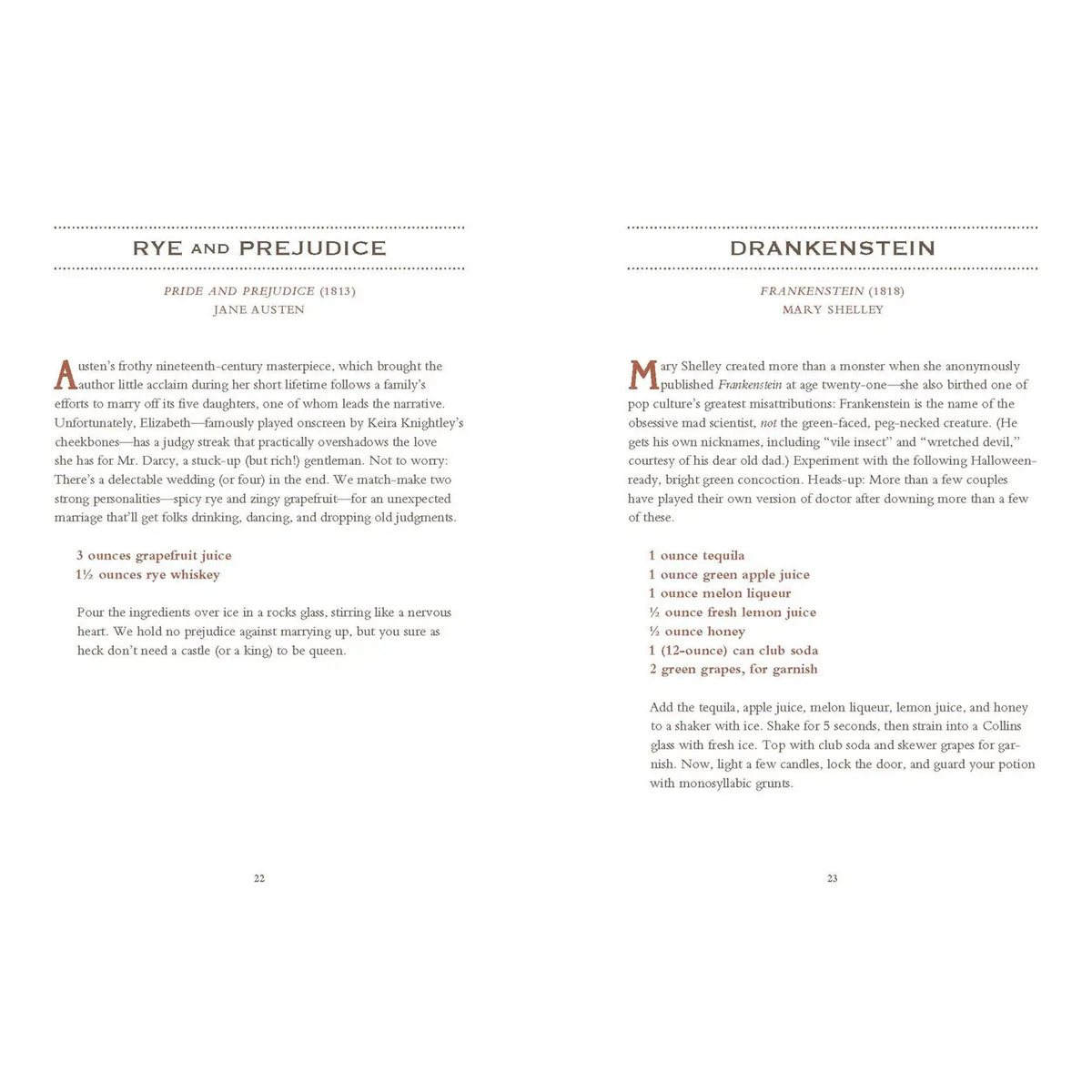 Inside Tequila Mockingbird showing Rye and Prejudice and Drankenstein cocktail recipes inspired by Jane Austen’s Pride and Prejudice and Mary Shelley’s Frankenstein.