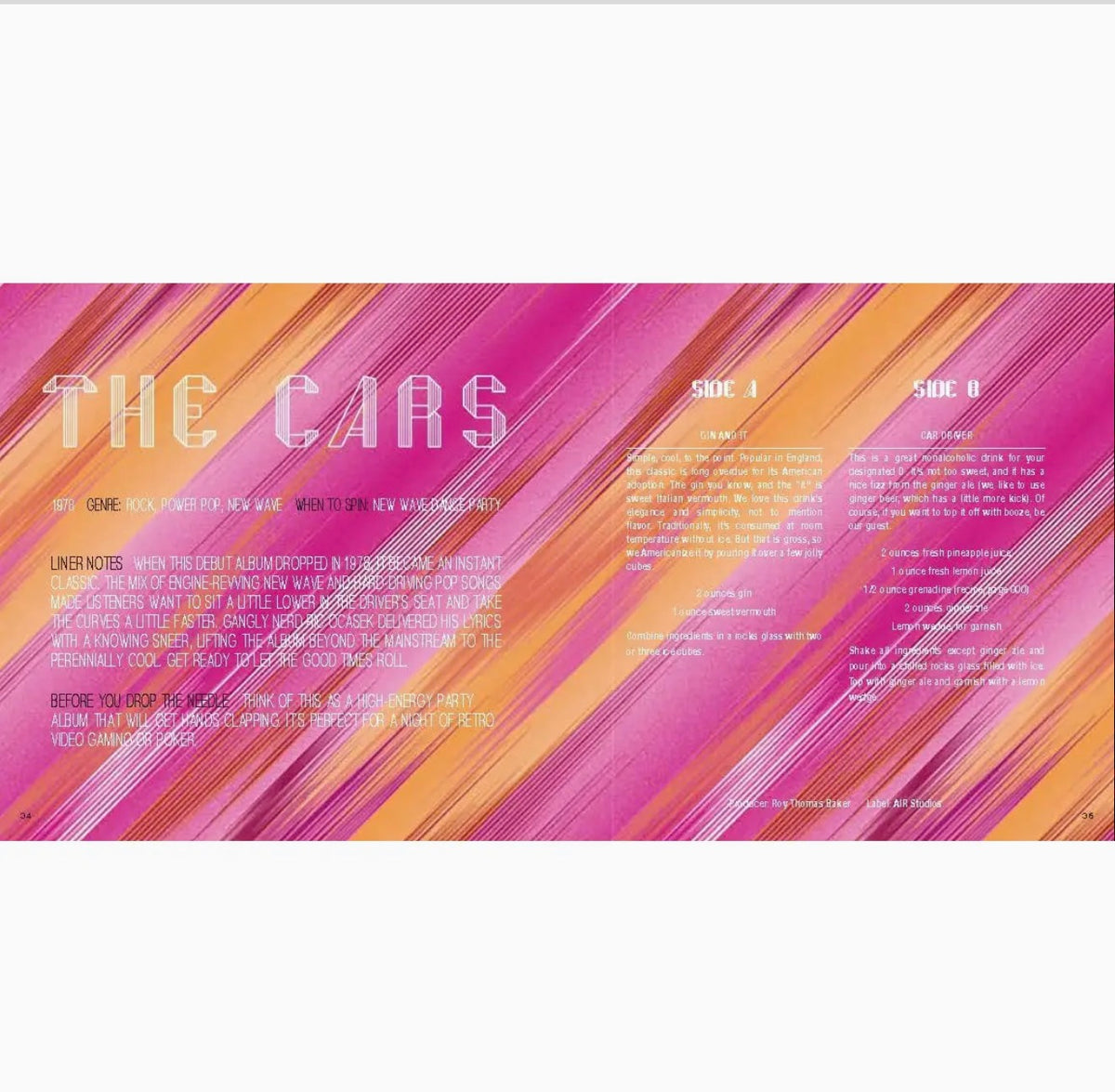 Colorful pink and orange interior pages of Booze & Vinyl featuring The Cars debut album with Side A Gin and It and Side B Car Driver cocktail recipes.