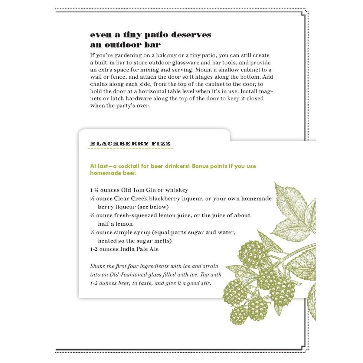 Interior page of The Drunken Botanist showing the Blackberry Fizz cocktail recipe, blackberry botanical illustrations, and tips for creating a small outdoor bar.