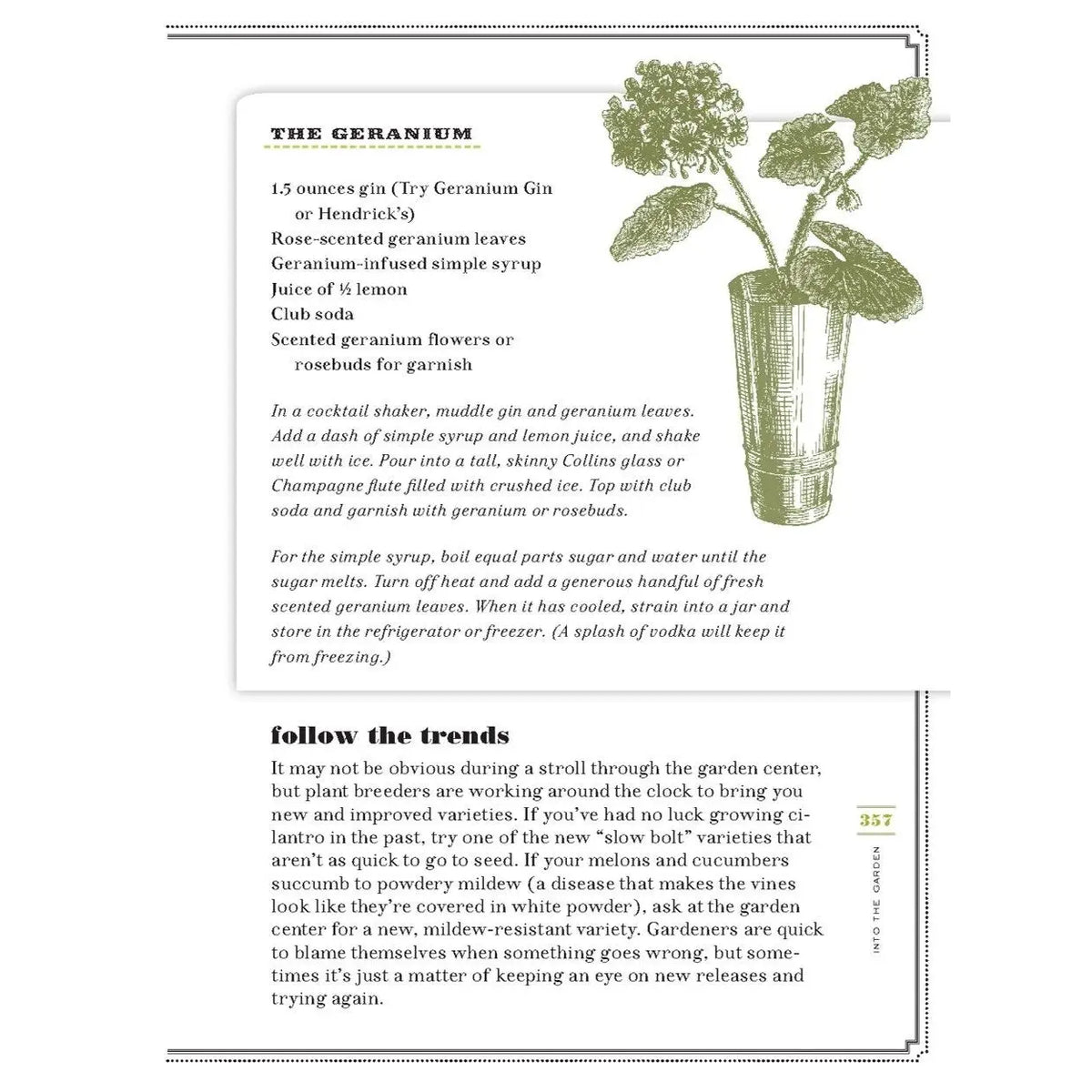 The Geranium cocktail recipe inside The Drunken Botanist featuring gin, rose-scented geranium leaves, lemon, and botanical illustrations.