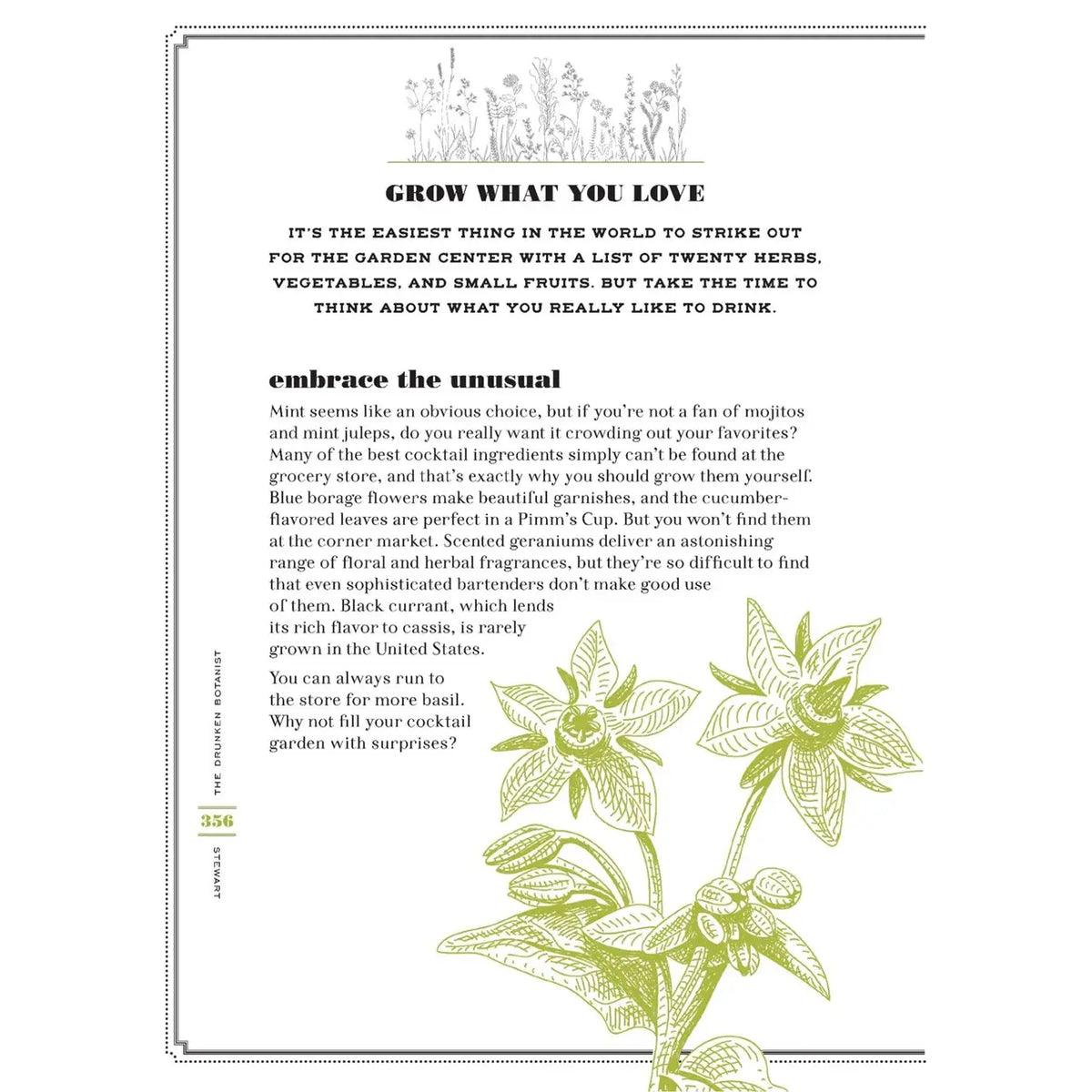 Interior page from The Drunken Botanist featuring the Grow What You Love gardening section with vintage-style botanical illustrations of flowering plants.