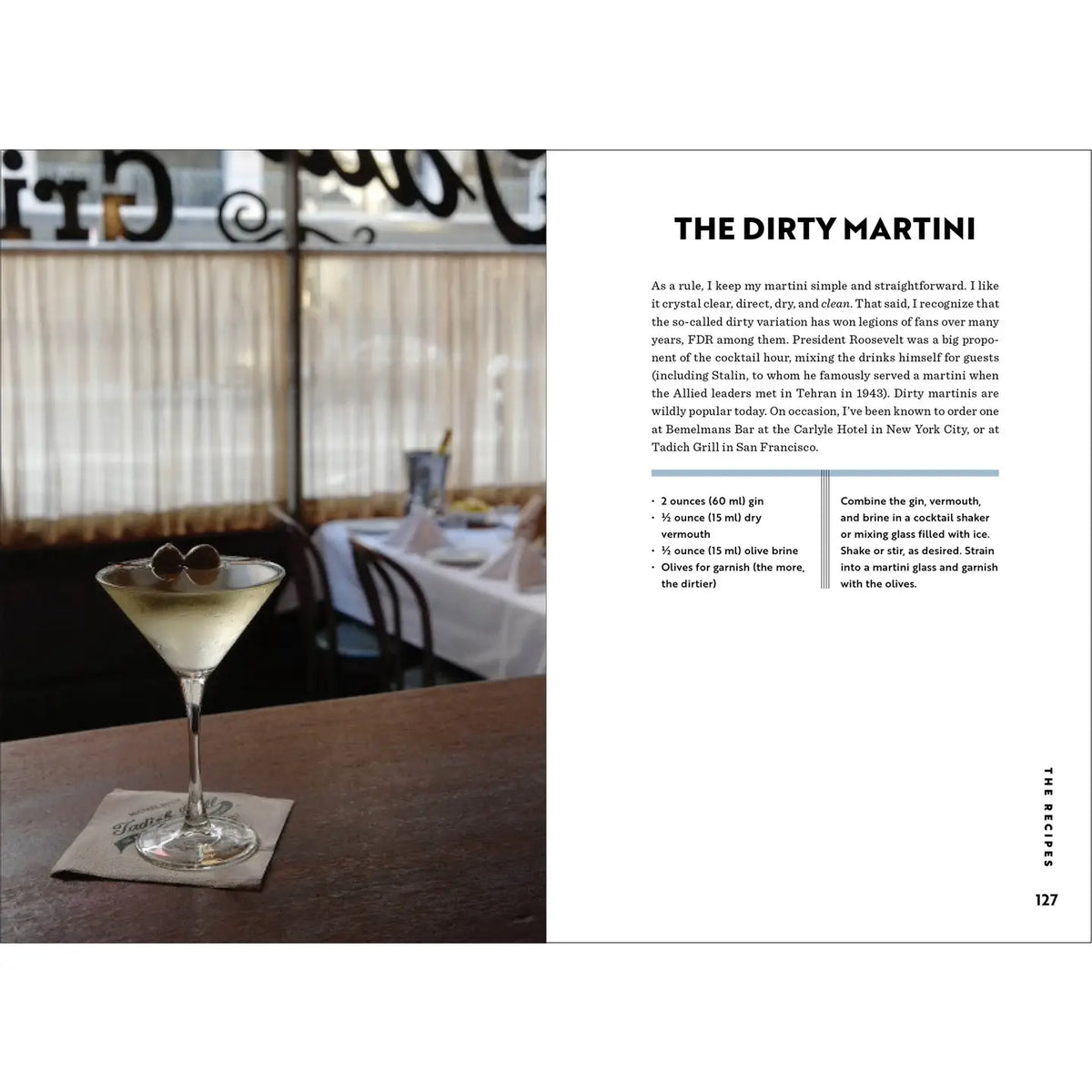Interior pages of The Martini cocktail book featuring a classic Dirty Martini recipe with gin, vermouth, olive brine, and olives beside a photograph of a martini at a bar.