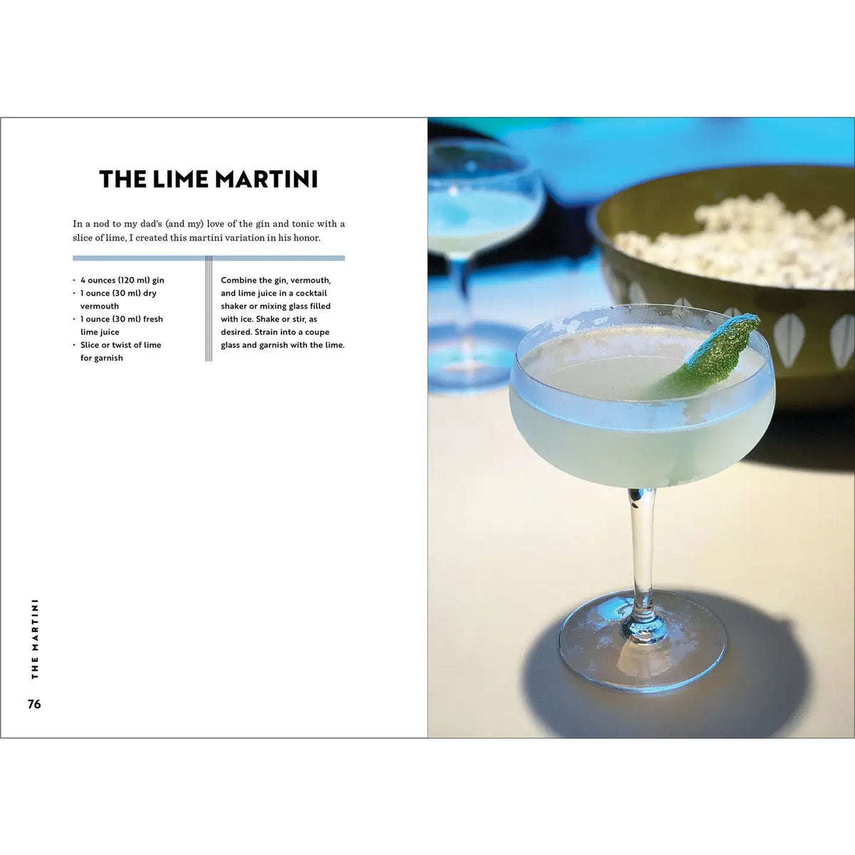 Interior pages of The Martini cocktail book featuring a Lime Martini recipe made with gin, dry vermouth, and fresh lime juice beside a photograph of the finished cocktail.