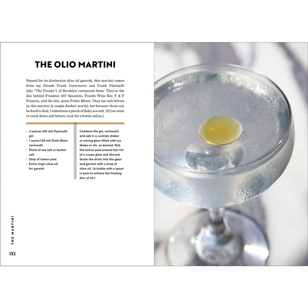 Interior pages of The Martini by Matt Hranek featuring the Olio Martini recipe with gin, blanc vermouth, and an extra-virgin olive oil garnish.