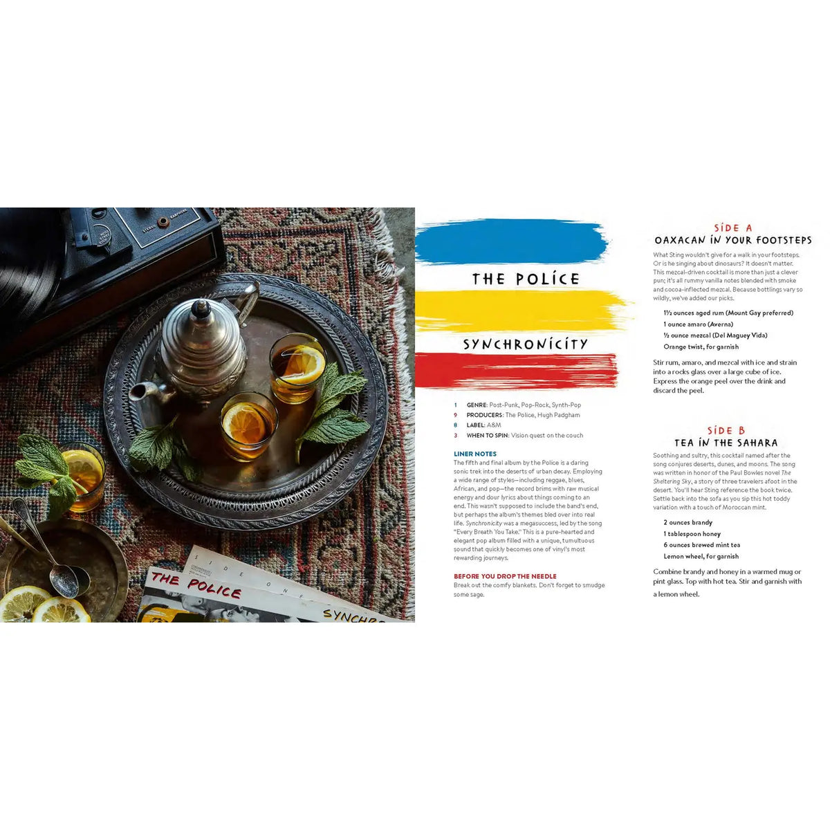 Interior spread of Booze & Vinyl 2 featuring The Police's Synchronicity album, a vintage tea service photograph, and Side A and Side B cocktail recipes.