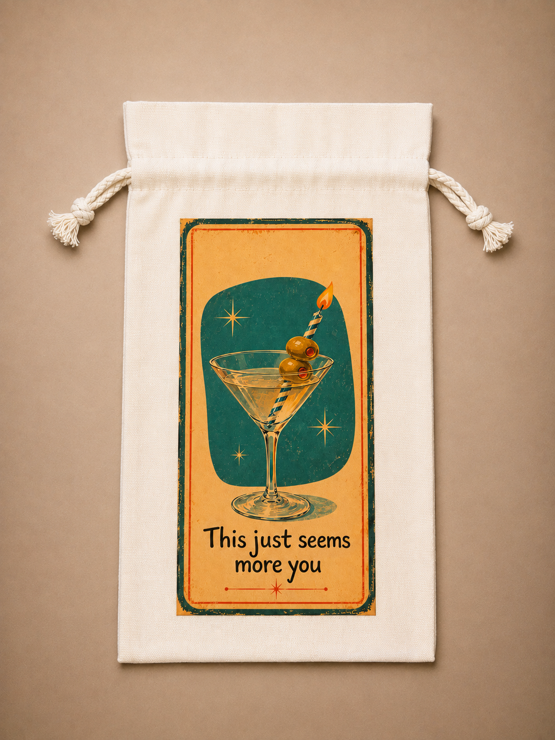 Reusable canvas birthday bottle gift bag featuring a retro martini, birthday candle and This Just Seems More You design.