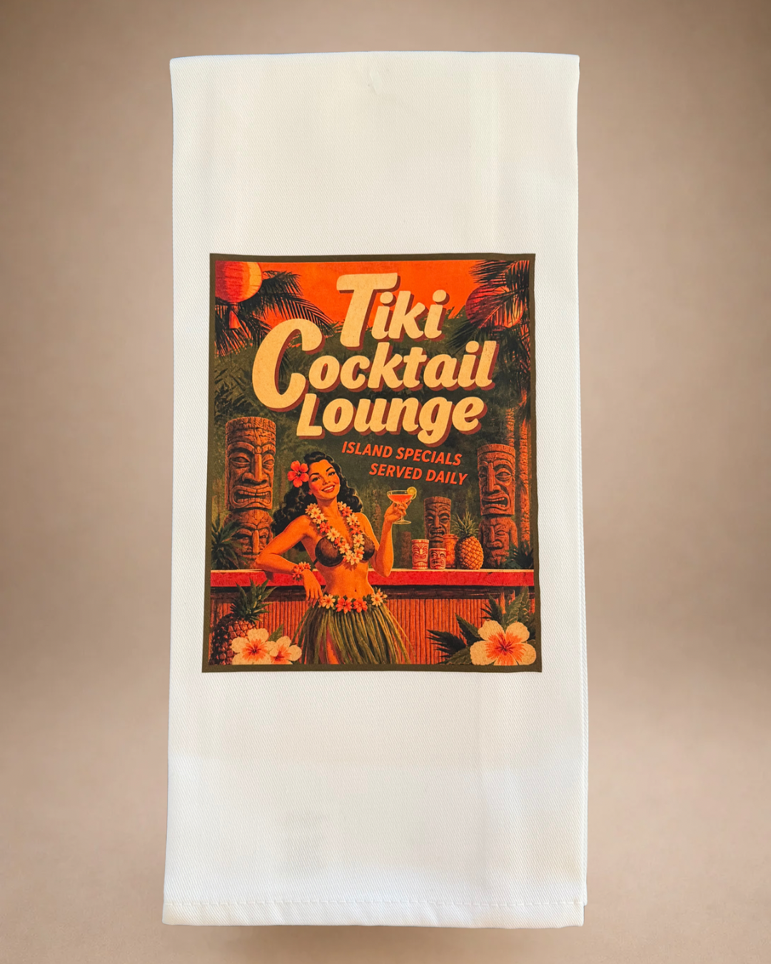 Retro Tiki Cocktail Lounge tea towel featuring tropical cocktail bar artwork, palm trees, tiki decor and Island Specials Served Daily design.