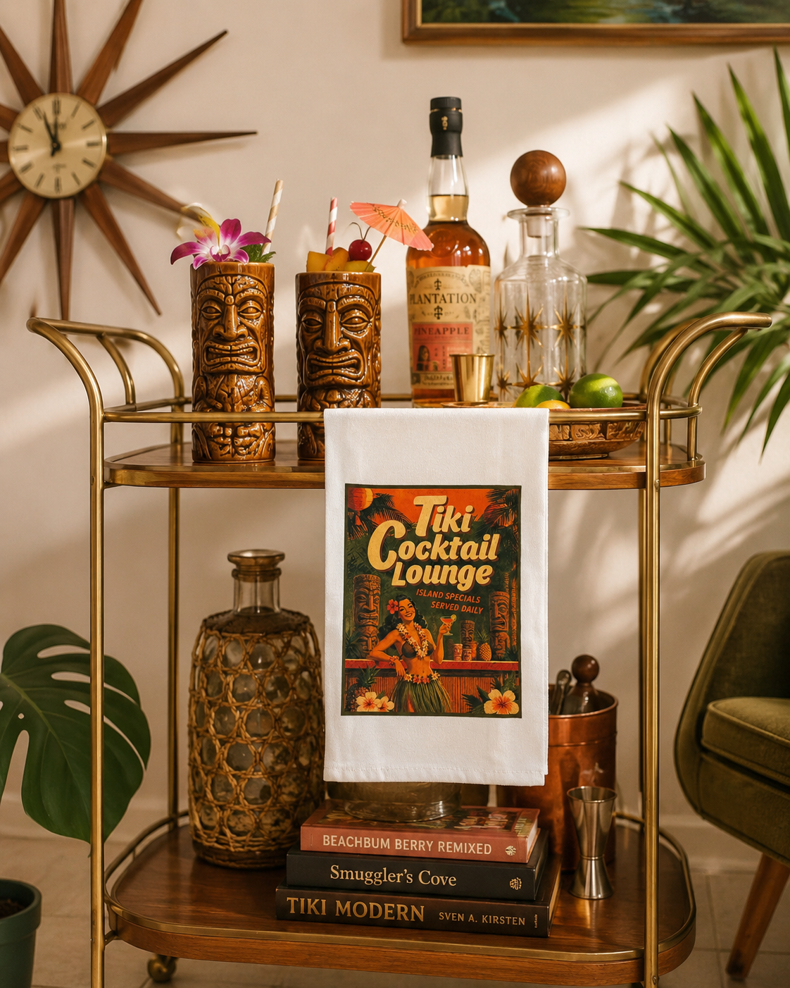 Retro Tiki Cocktail Lounge tea towel displayed on a midcentury bar cart with tiki mugs, tropical cocktails and vintage barware.