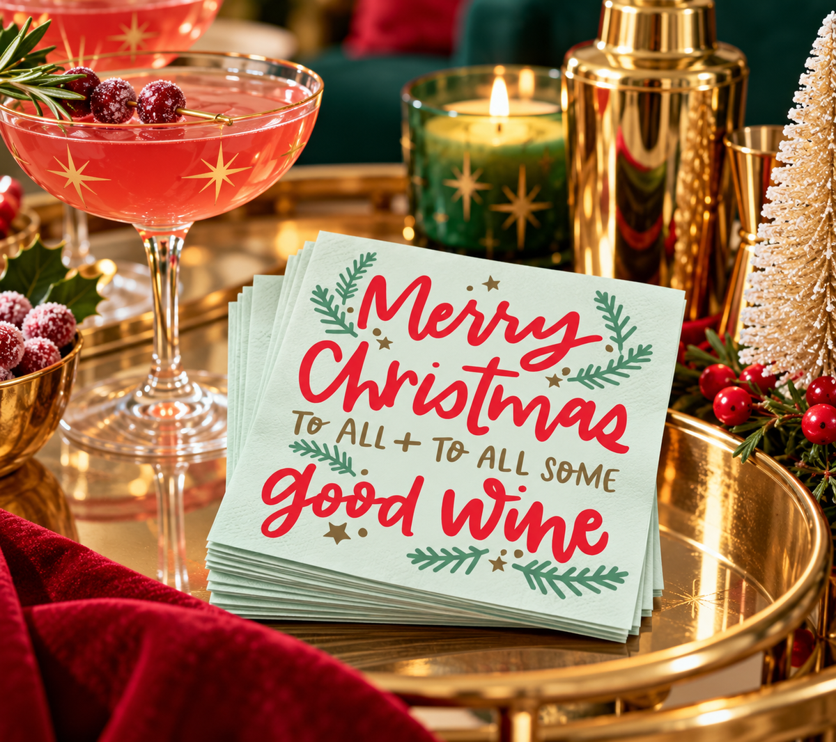 Christmas cocktail napkins styled on a festive gold bar cart with a holiday cocktail, gold barware, greenery and Christmas decorations.