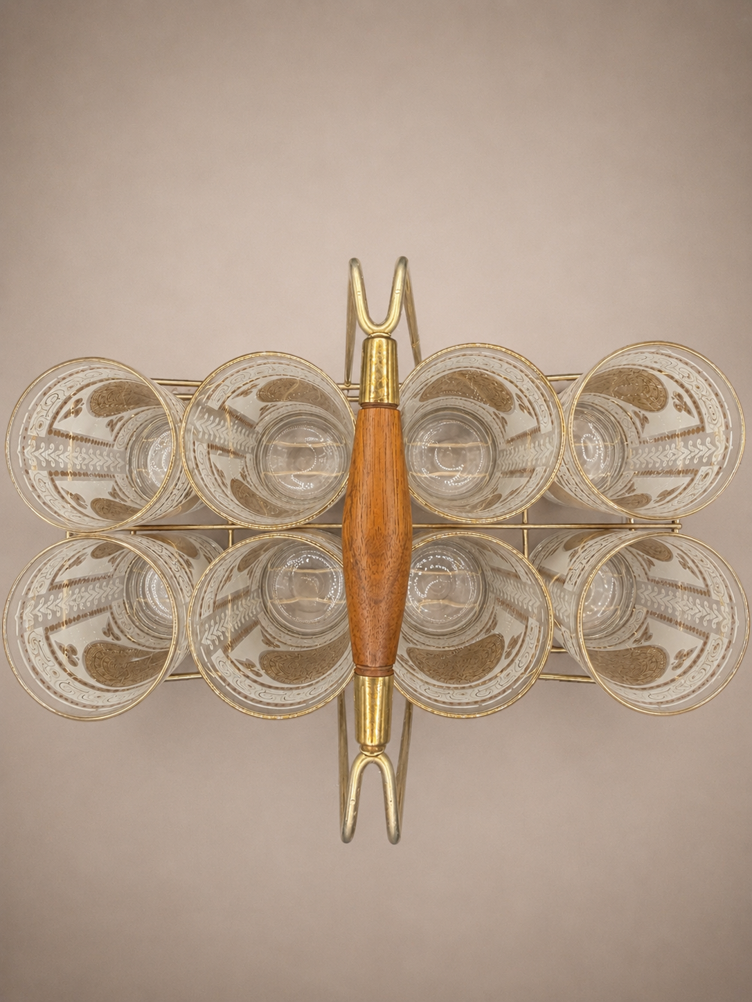 Bird’s-eye view of the complete Mid Century Modern cocktail set arranged in the original serving caddy.