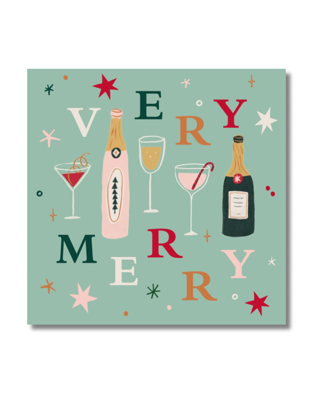 Very Merry Christmas cocktail napkin with mint green background, colorful lettering, festive bottles, cocktail glasses and retro starburst accents.
