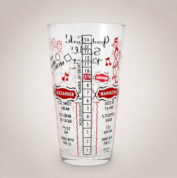 Rear view featuring the built-in measuring guide and additional cocktail recipes on a vintage bar mixing glass.