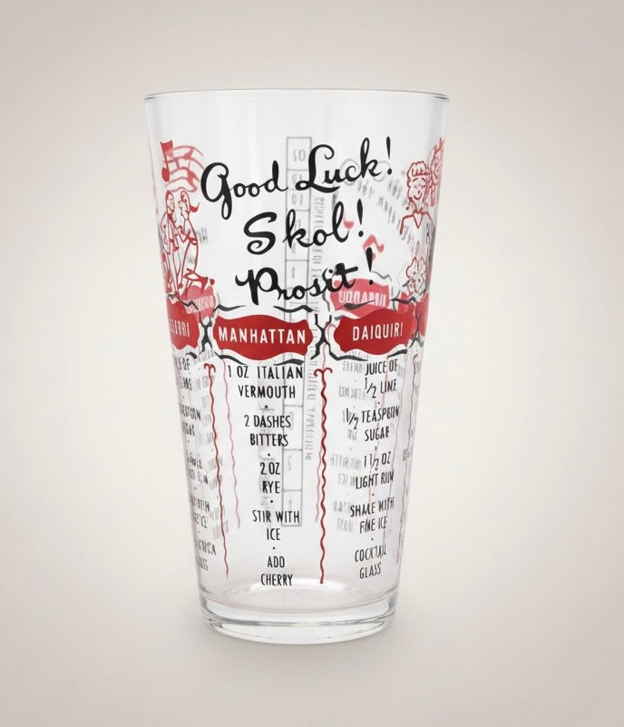 Front view of a vintage cocktail recipe mixing glass featuring classic drink recipes, measuring guide, and retro graphics.