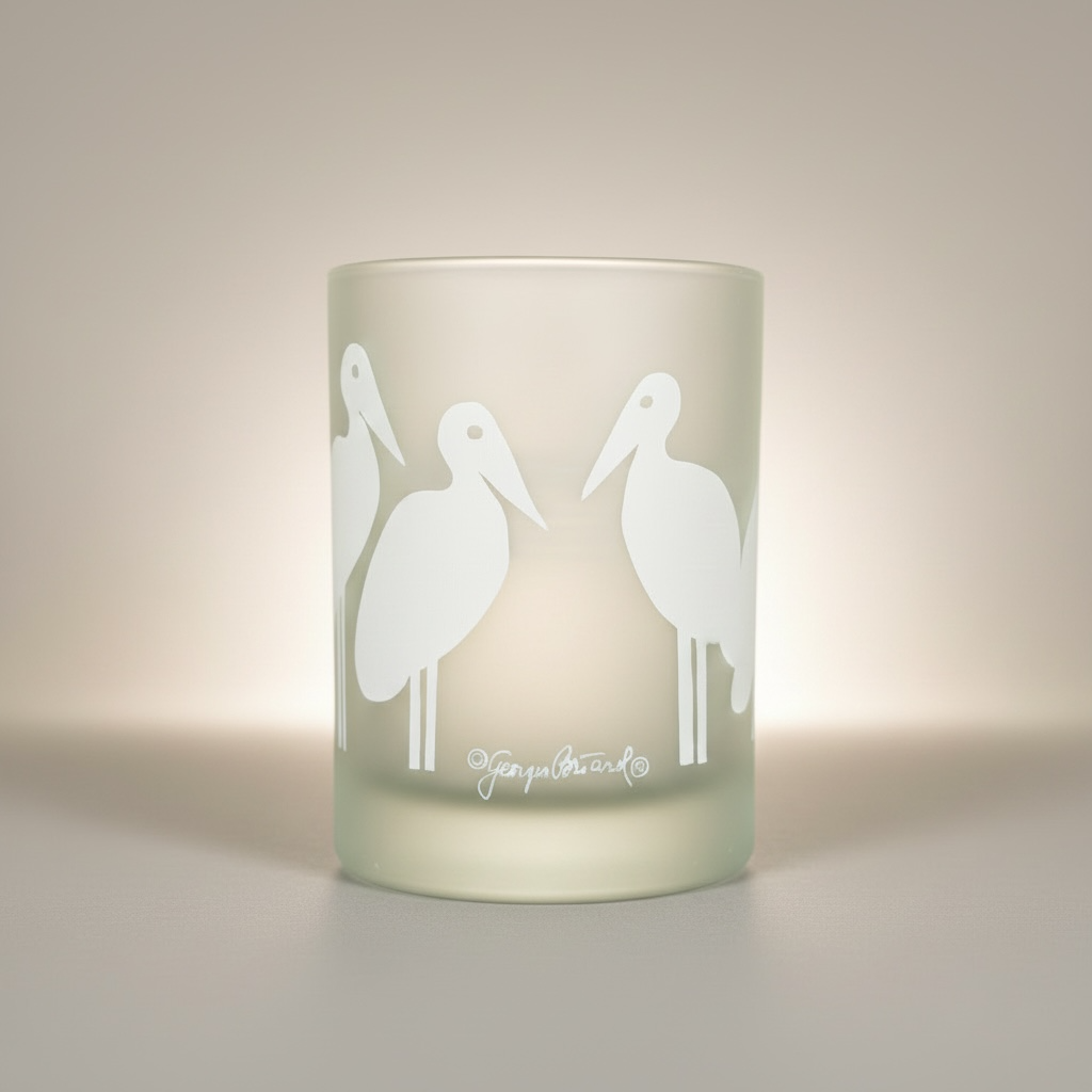 Front view of a vintage Georges Briard frosted old fashioned glass featuring white bird graphics.